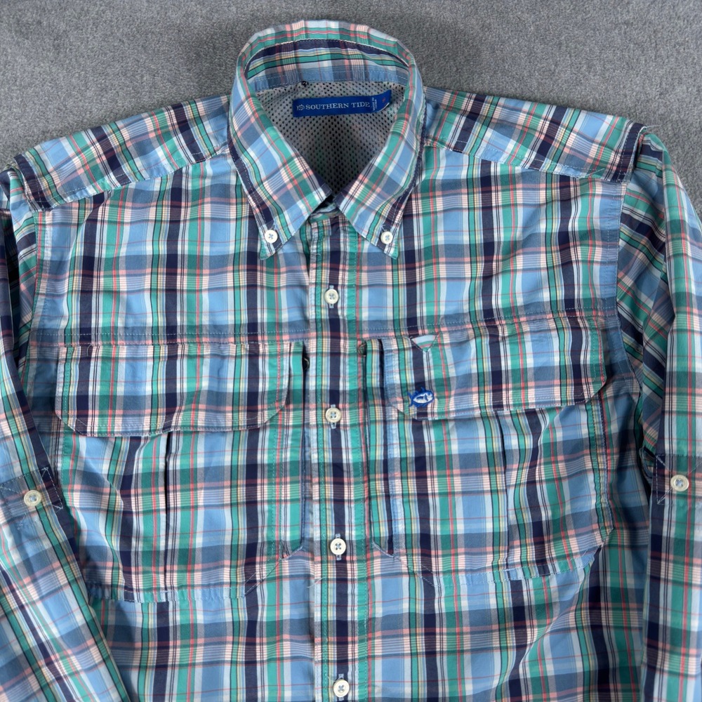 Southern Tide Mens Blue Plaid Performance Fishing Shirt Vented Roll Tab Small